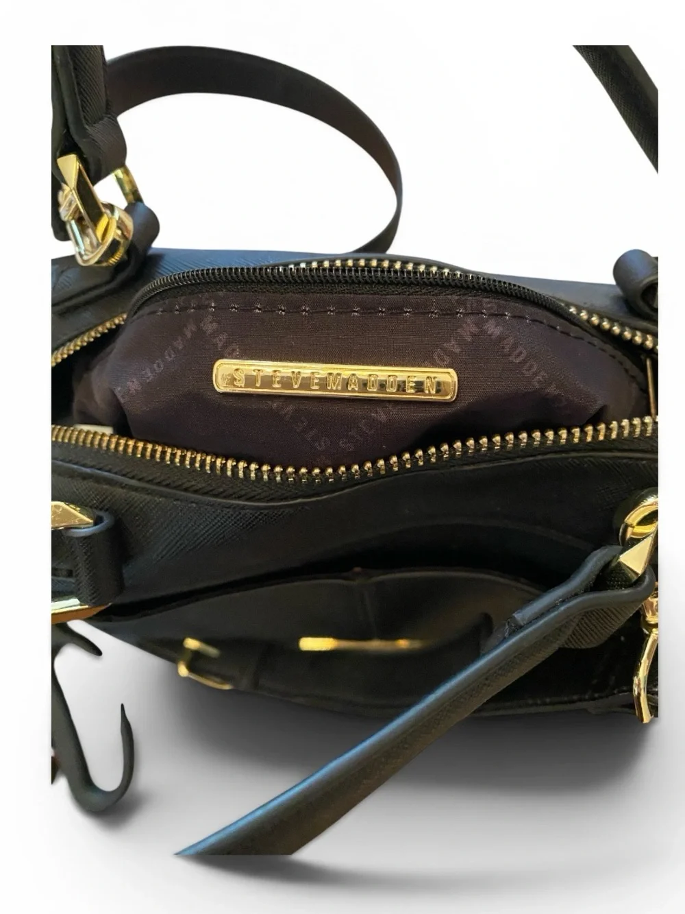 Steve Madden Black Leather Top-Handle Crossbody Bag with Gold Accents - Picture 7 of 15
